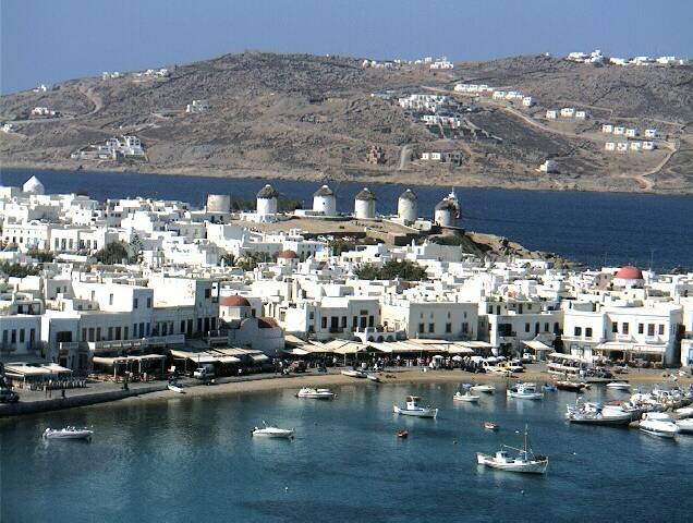 GIALOS - View of Gialos and the windmills from Agios Vasilios in the morning